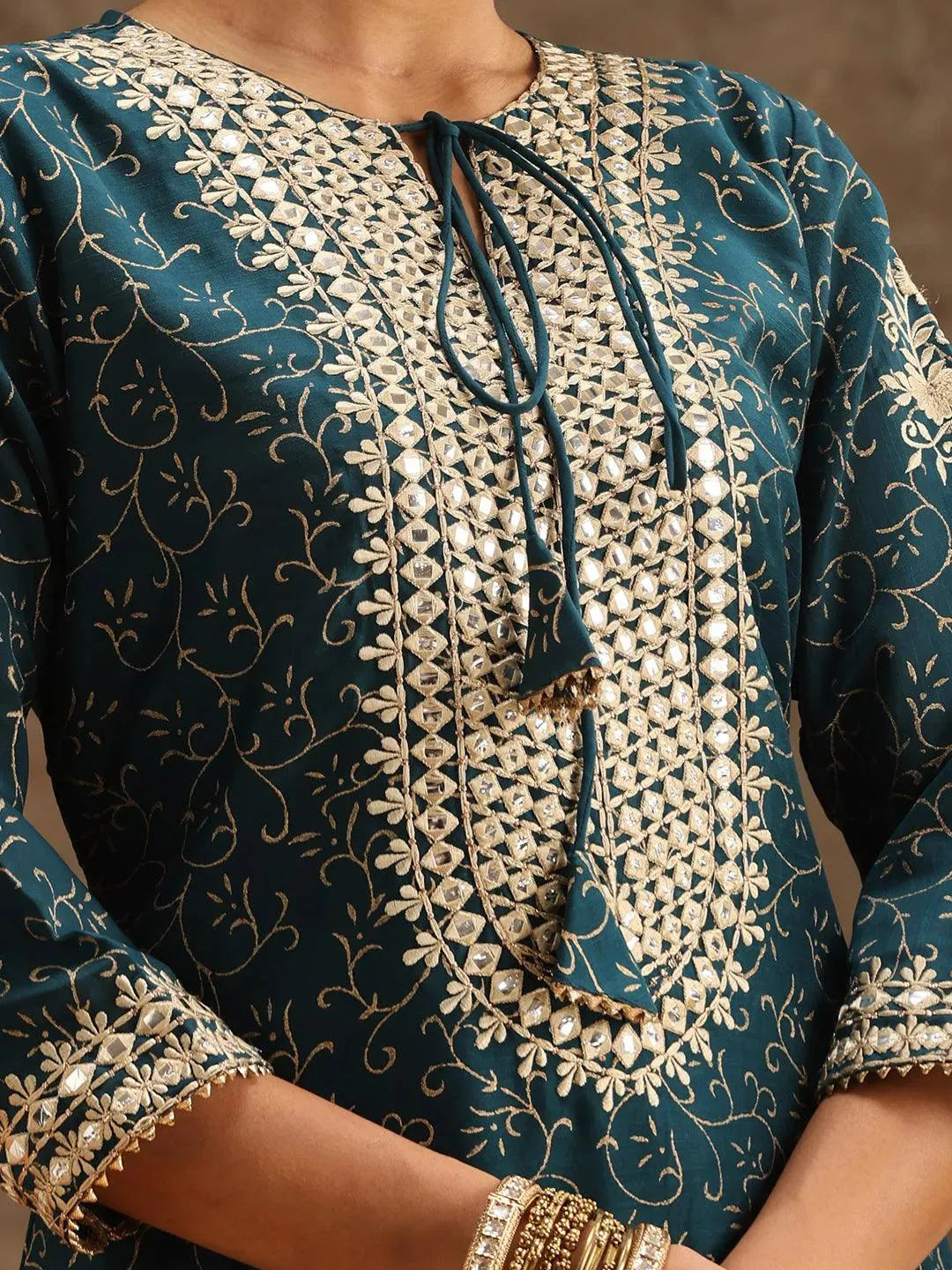 Teal Yoke Design Silk Blend Suit Set With Sharara - Libas 