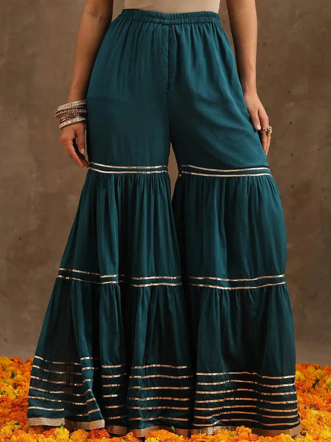 Teal Yoke Design Silk Blend Suit Set With Sharara - Libas 