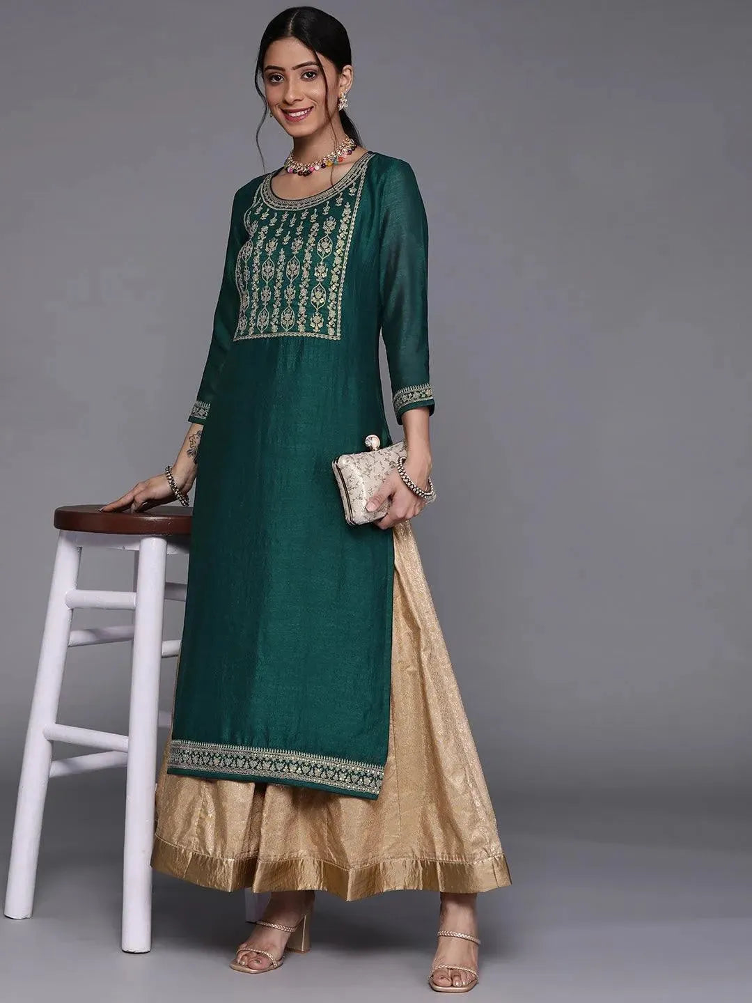 Teal Yoke Design Silk Kurta - Libas