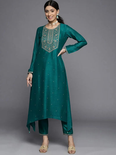 Teal Yoke Design Silk Kurta - Libas