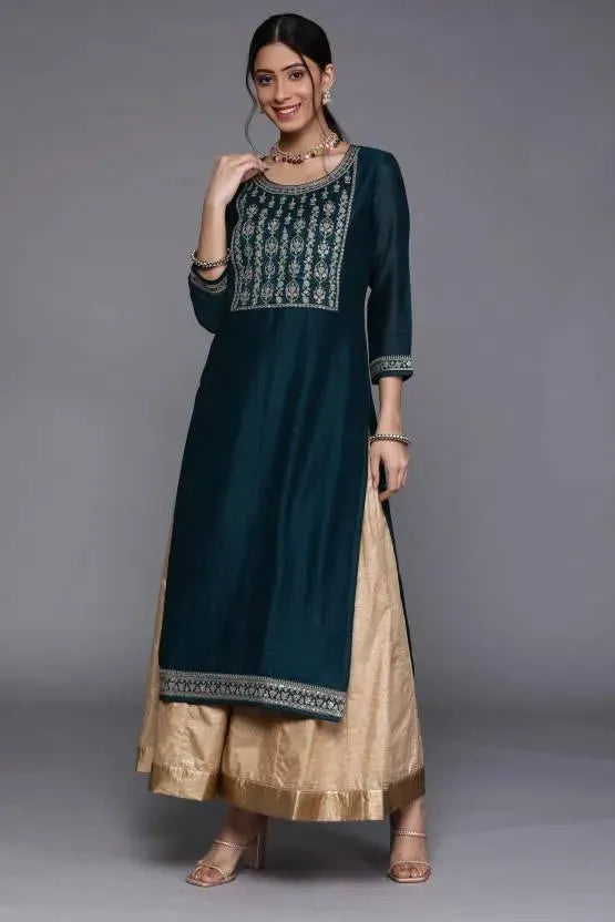 Teal Yoke Design Silk Kurta - Libas