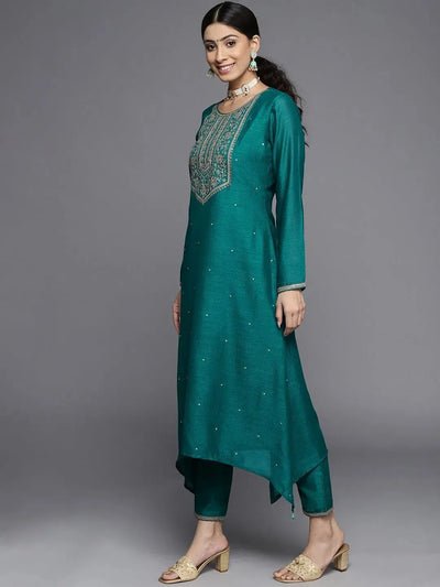 Teal Yoke Design Silk Kurta - Libas