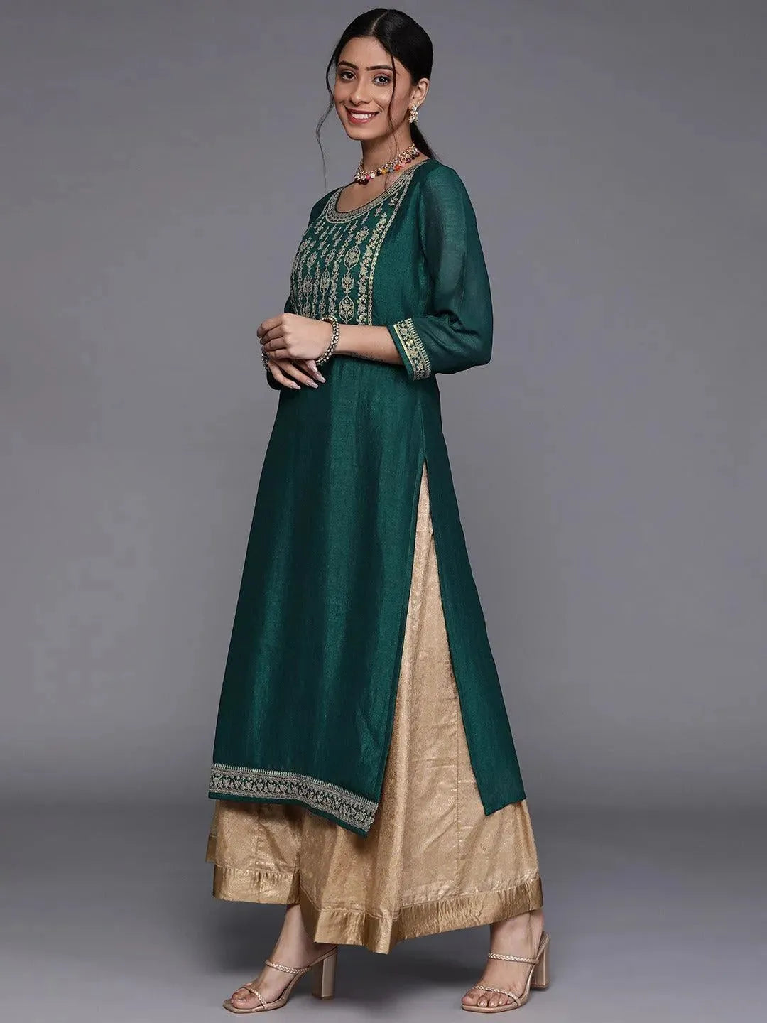 Teal Yoke Design Silk Kurta - Libas