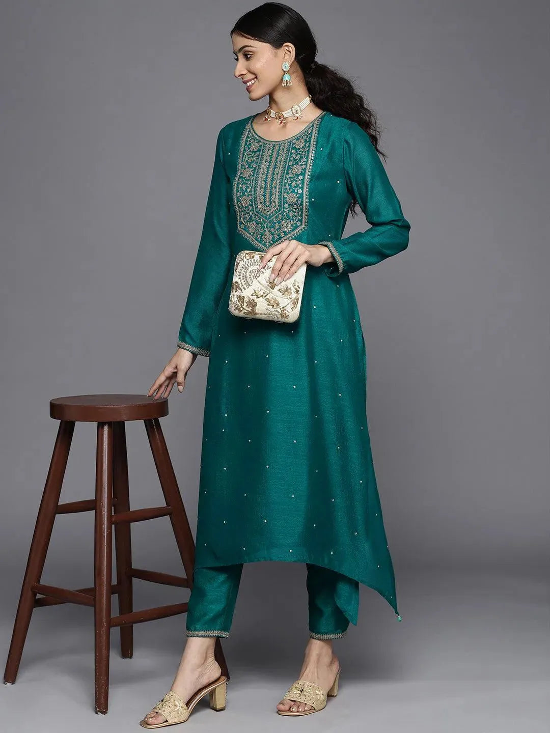 Teal Yoke Design Silk Kurta - Libas