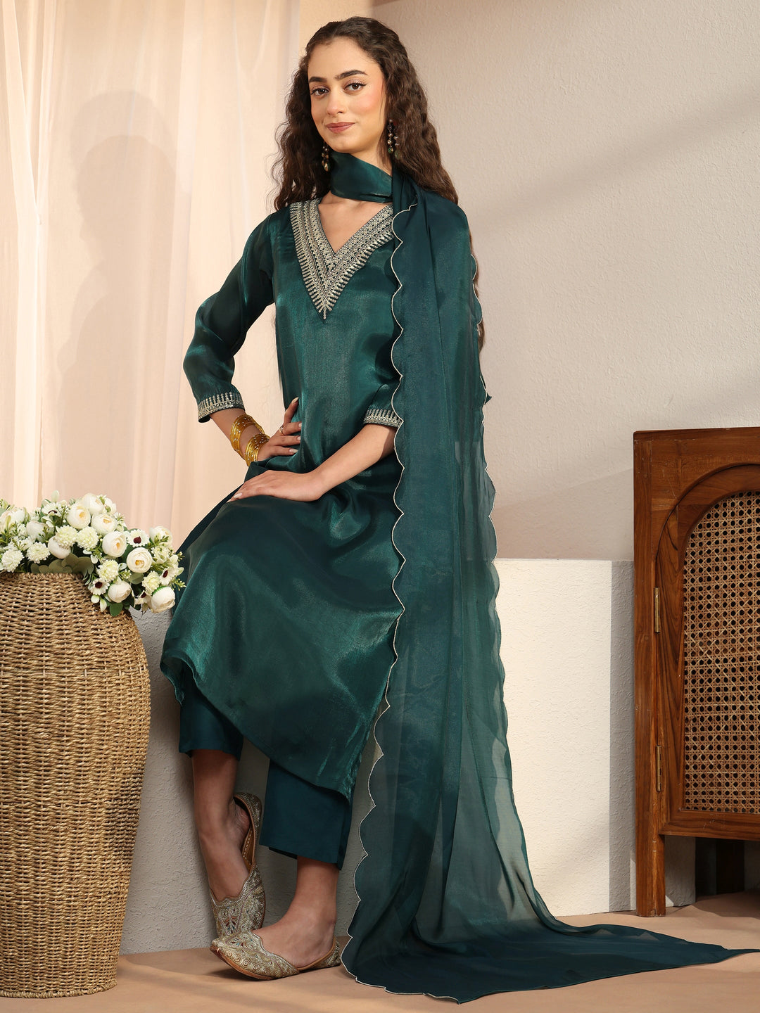 Teal Yoke Design Tissue Straight Suit Set 