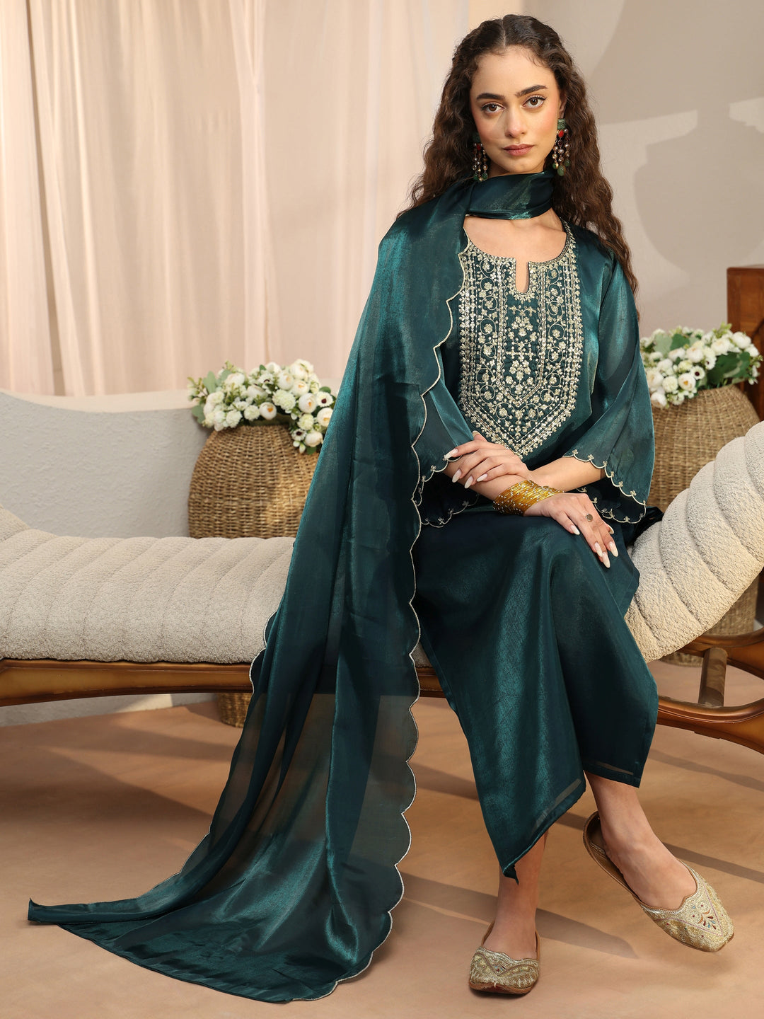  Teal Yoke Design Tissue Straight Suit Set 