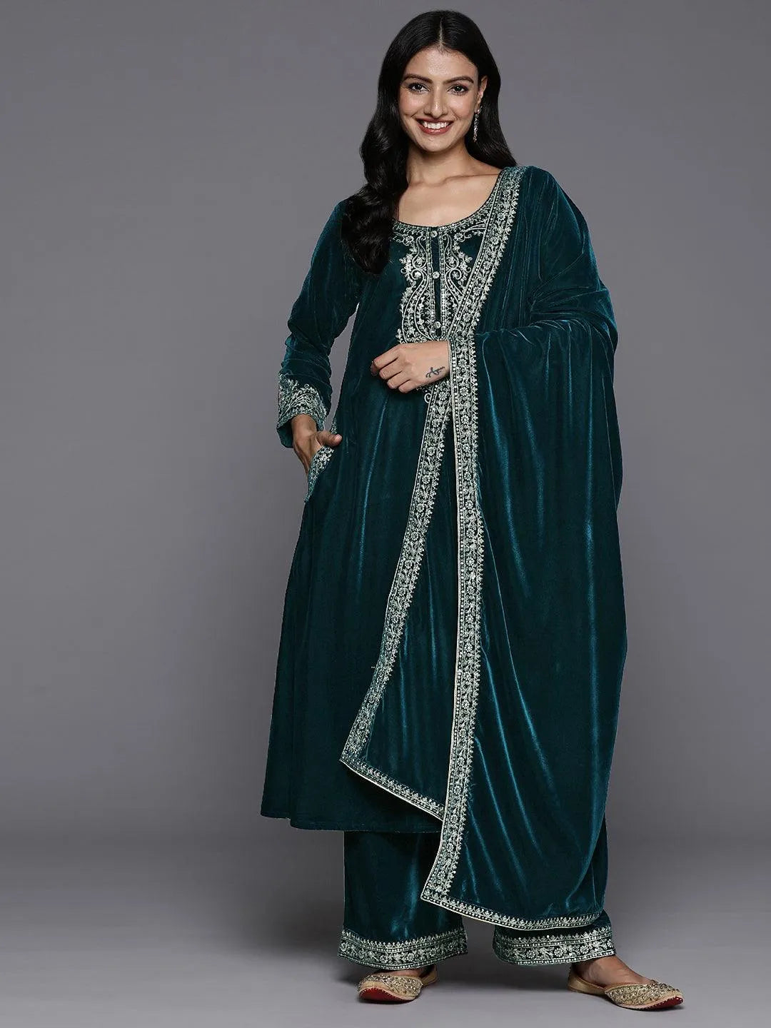 Teal Yoke Design Velvet A-Line Kurta With Palazzos & Dupatta - Libas