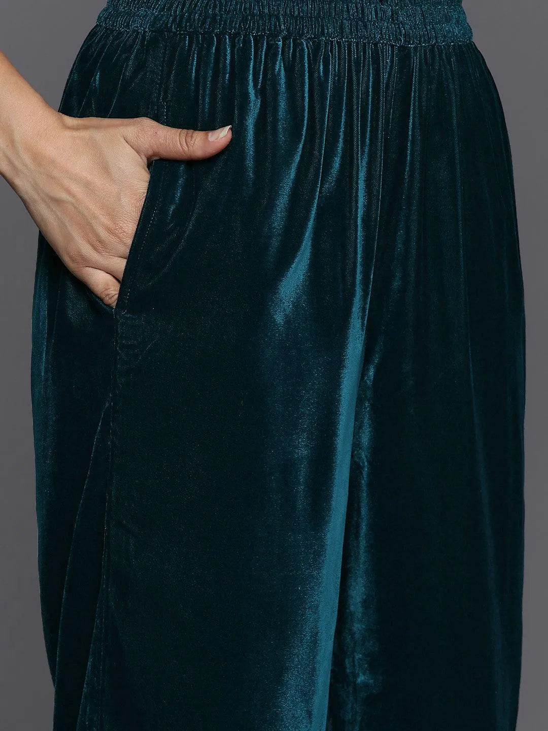 Teal Yoke Design Velvet A-Line Kurta With Palazzos & Dupatta - Libas 