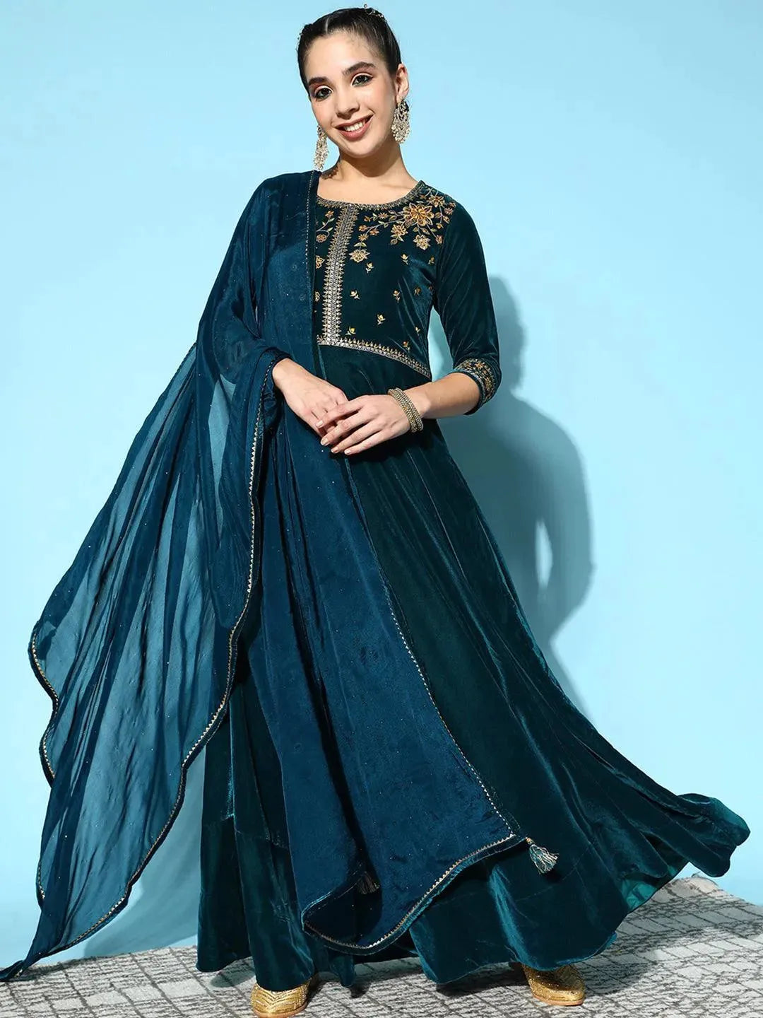 Teal Yoke Design Velvet Anarkali Suit Set - Libas