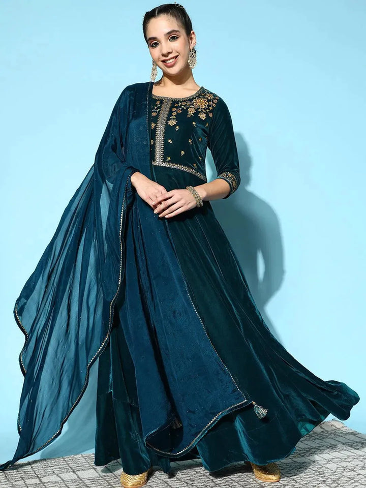 Teal Yoke Design Velvet Anarkali Suit Set - Libas
