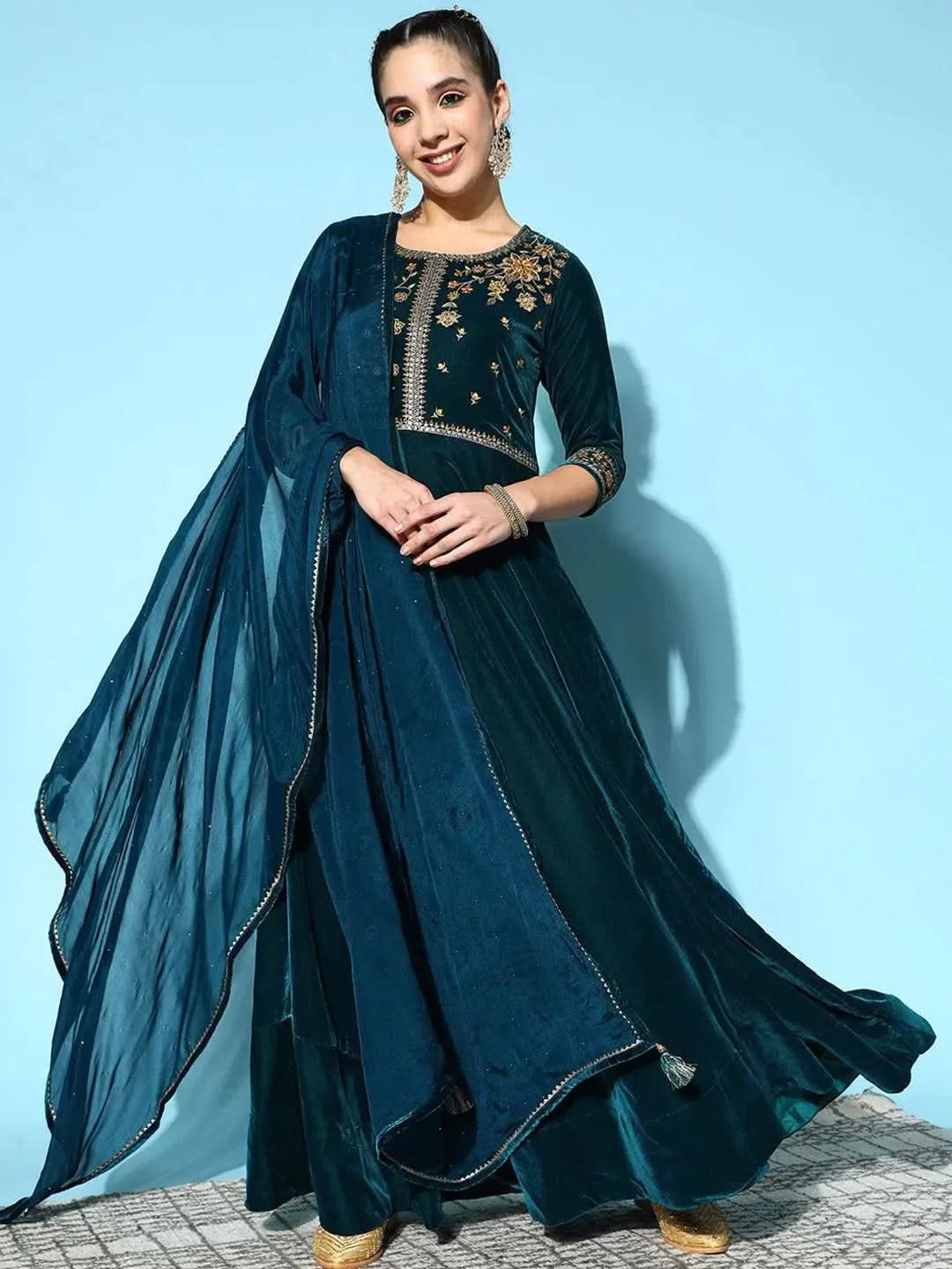 

Teal Yoke Design Velvet Anarkali Kurta With Churidar & Dupatta