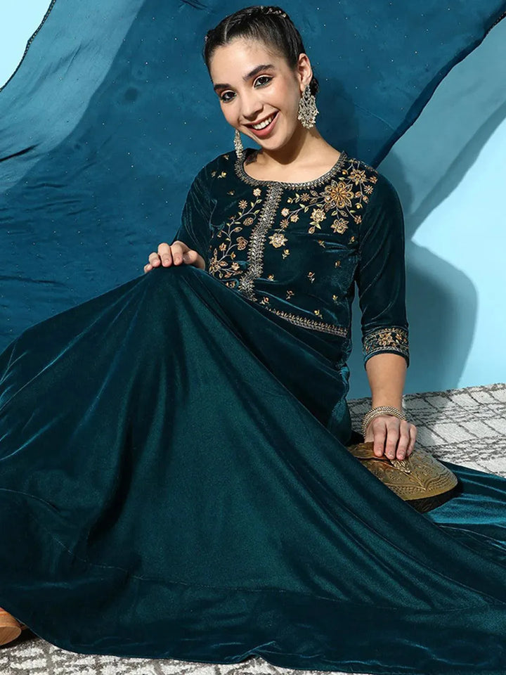 Teal Yoke Design Velvet Anarkali Suit Set - Libas