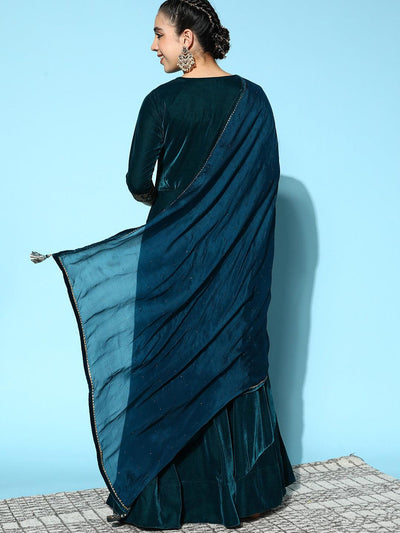 Teal Yoke Design Velvet Anarkali Suit Set - Libas
