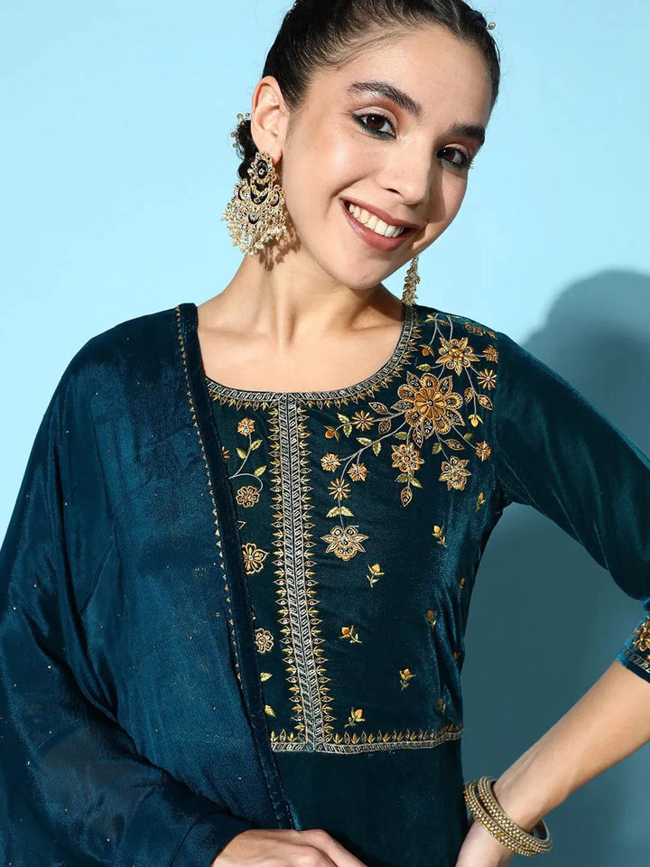 Teal Yoke Design Velvet Anarkali Suit Set - Libas