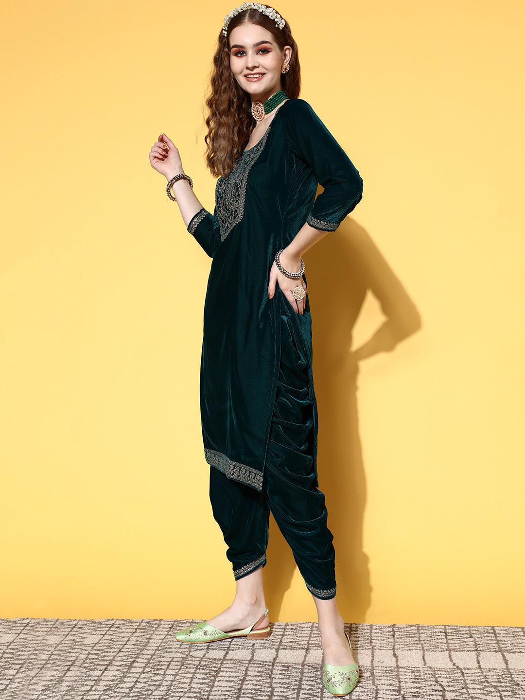 Teal Yoke Design Velvet Straight Suit Set - Libas