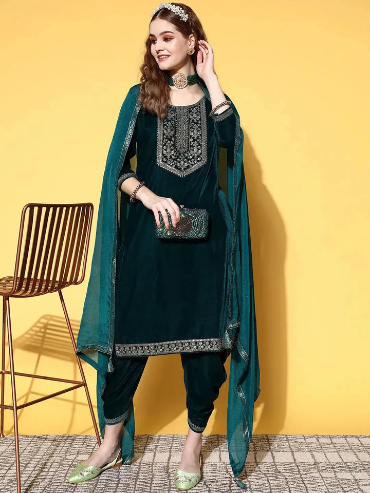 Teal Yoke Design Velvet Straight Suit Set - Libas