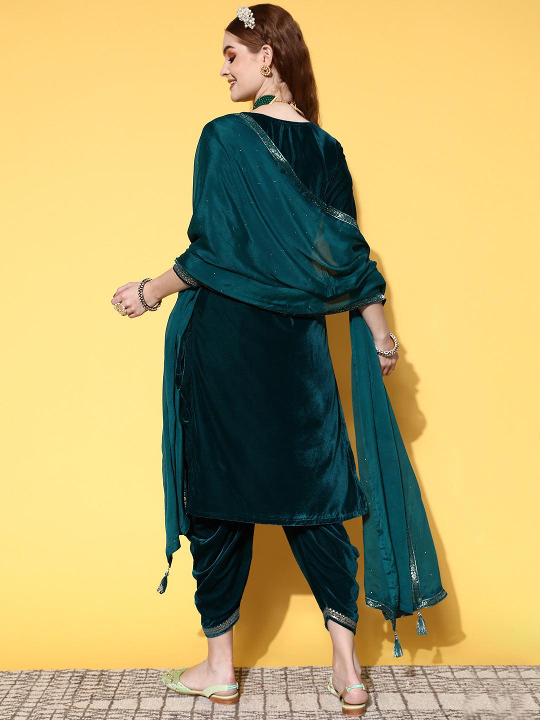 Teal Yoke Design Velvet Straight Kurta With Dhoti Pant & Dupatta