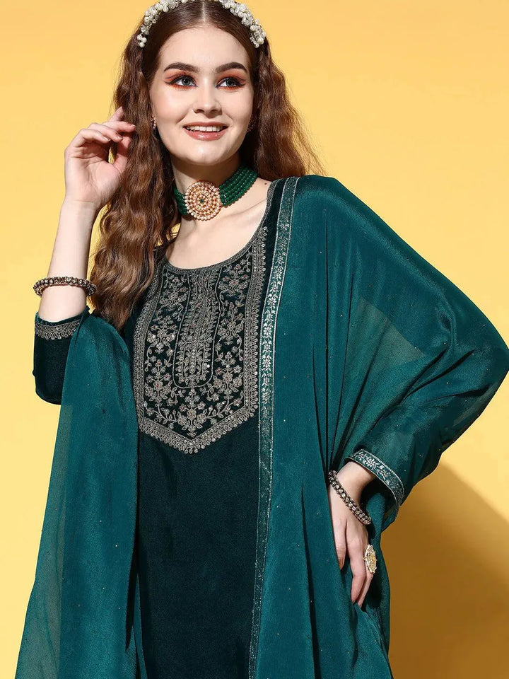 Teal Yoke Design Velvet Straight Suit Set - Libas