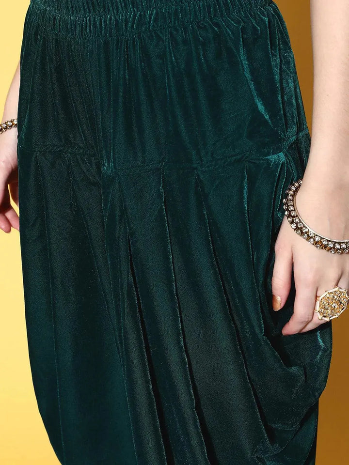 Teal Yoke Design Velvet Straight Suit Set - Libas