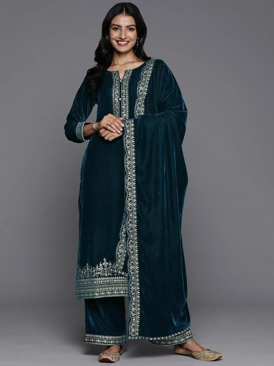 Teal Yoke Design Velvet Straight Kurta With Palazzos & Dupatta - Libas