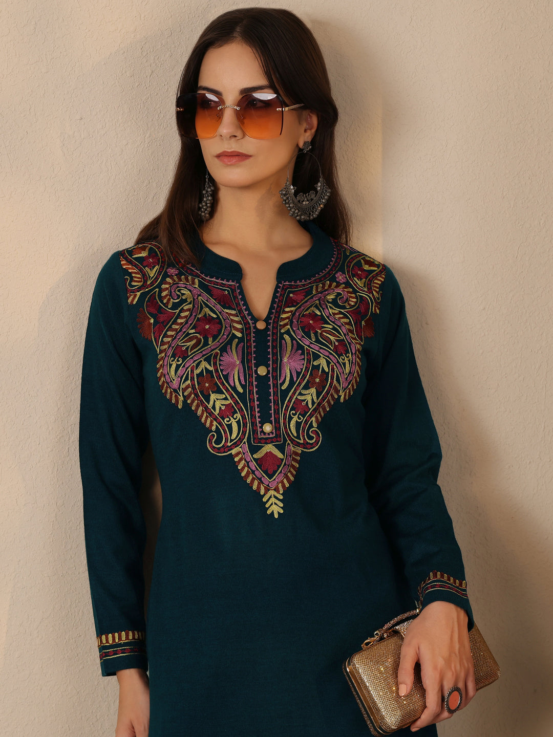  Teal Yoke Design Wool Straight Kurta 