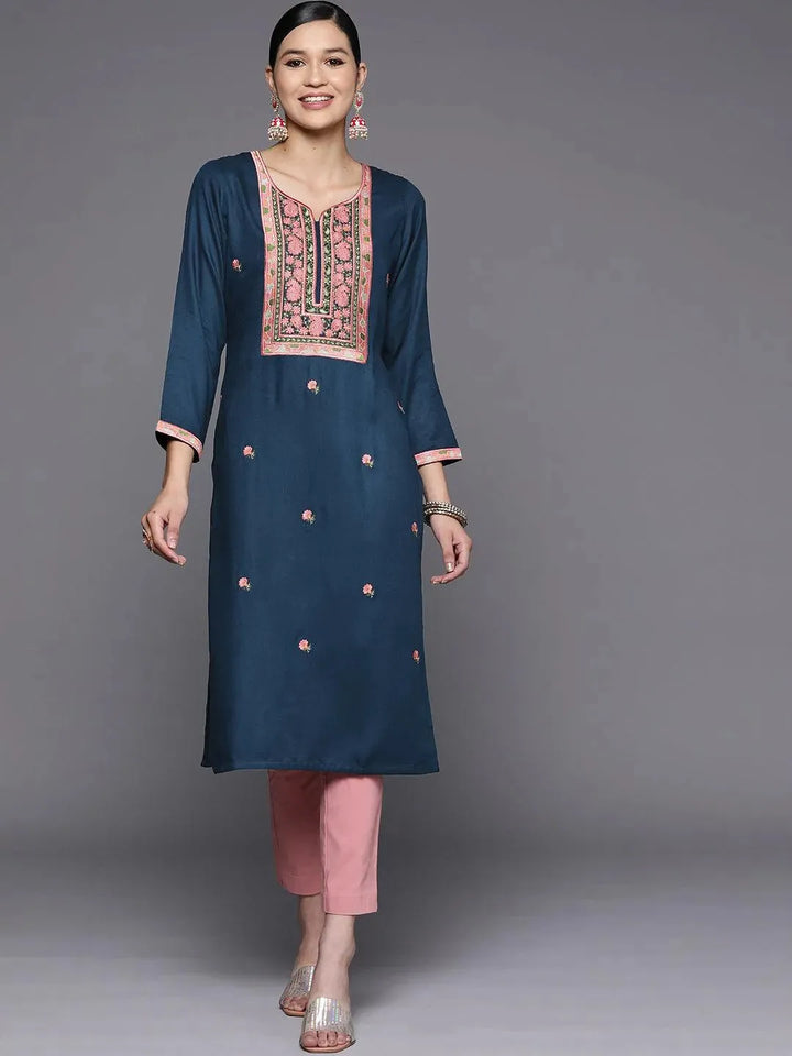 Teal Yoke Design Wool Straight Kurta - Libas