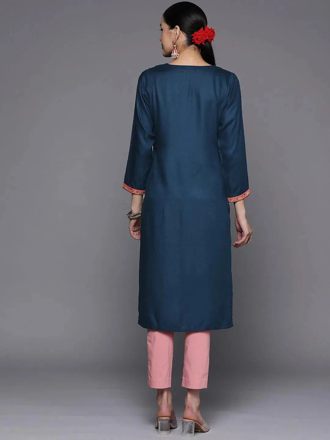 Teal Yoke Design Wool Straight Kurta - Libas