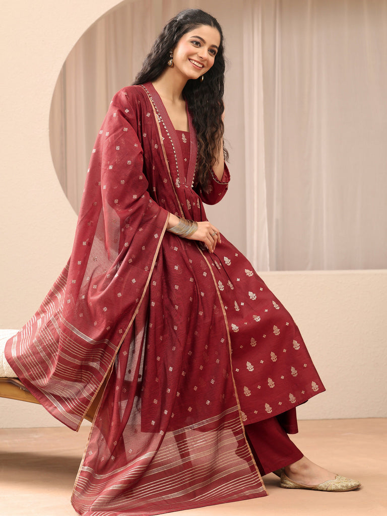 Libas Terracotta Red Woven Design Chanderi Silk A-Line Suit Set