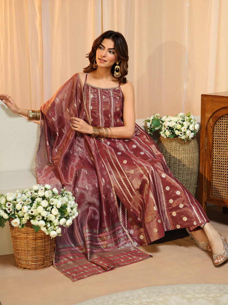 Libas Terracotta Red Woven Design Chanderi Silk A-Line Suit Set