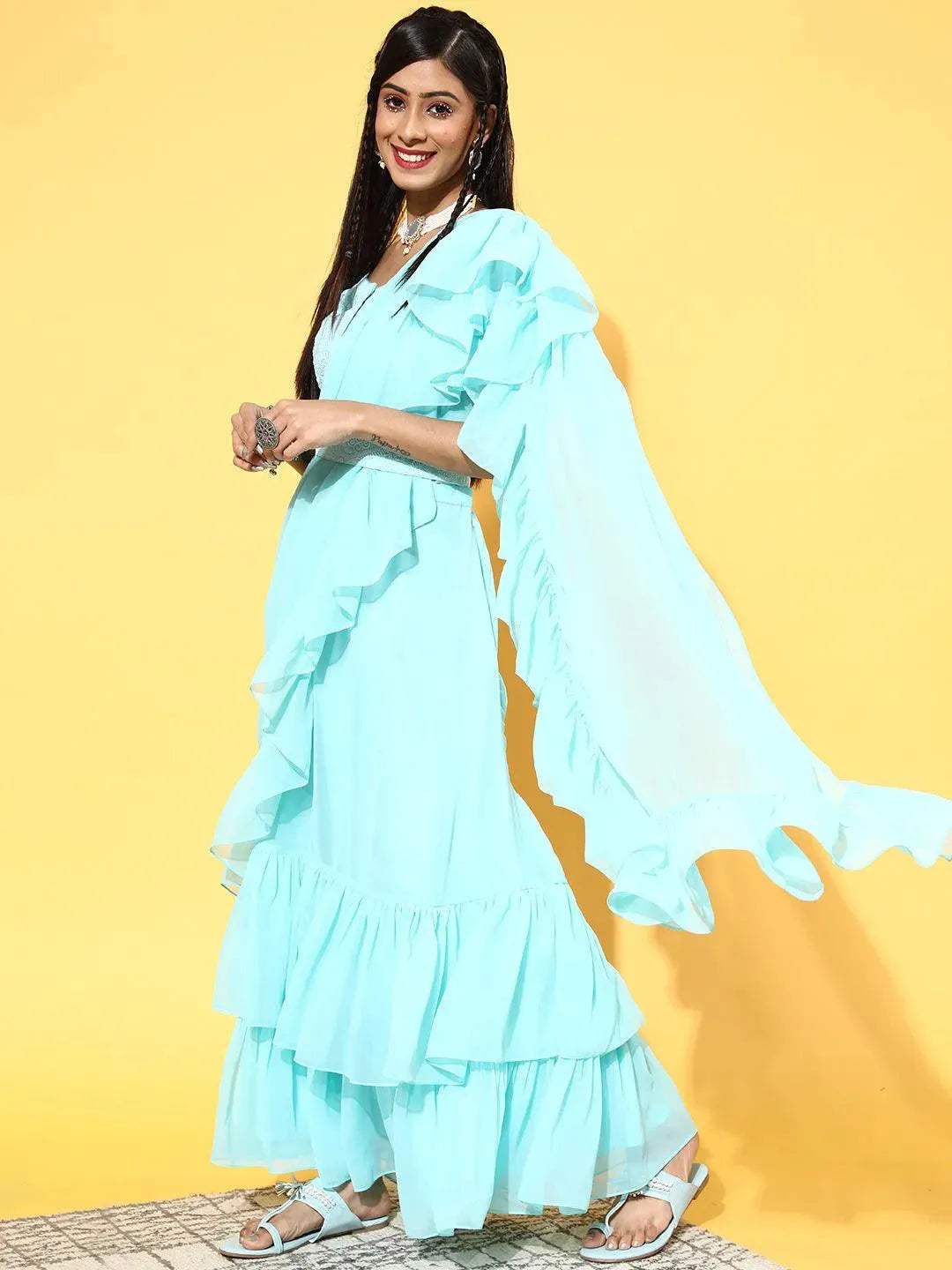 Turquoise Blue Embellished Georgette Ready to wear Saree With Potli - Libas 