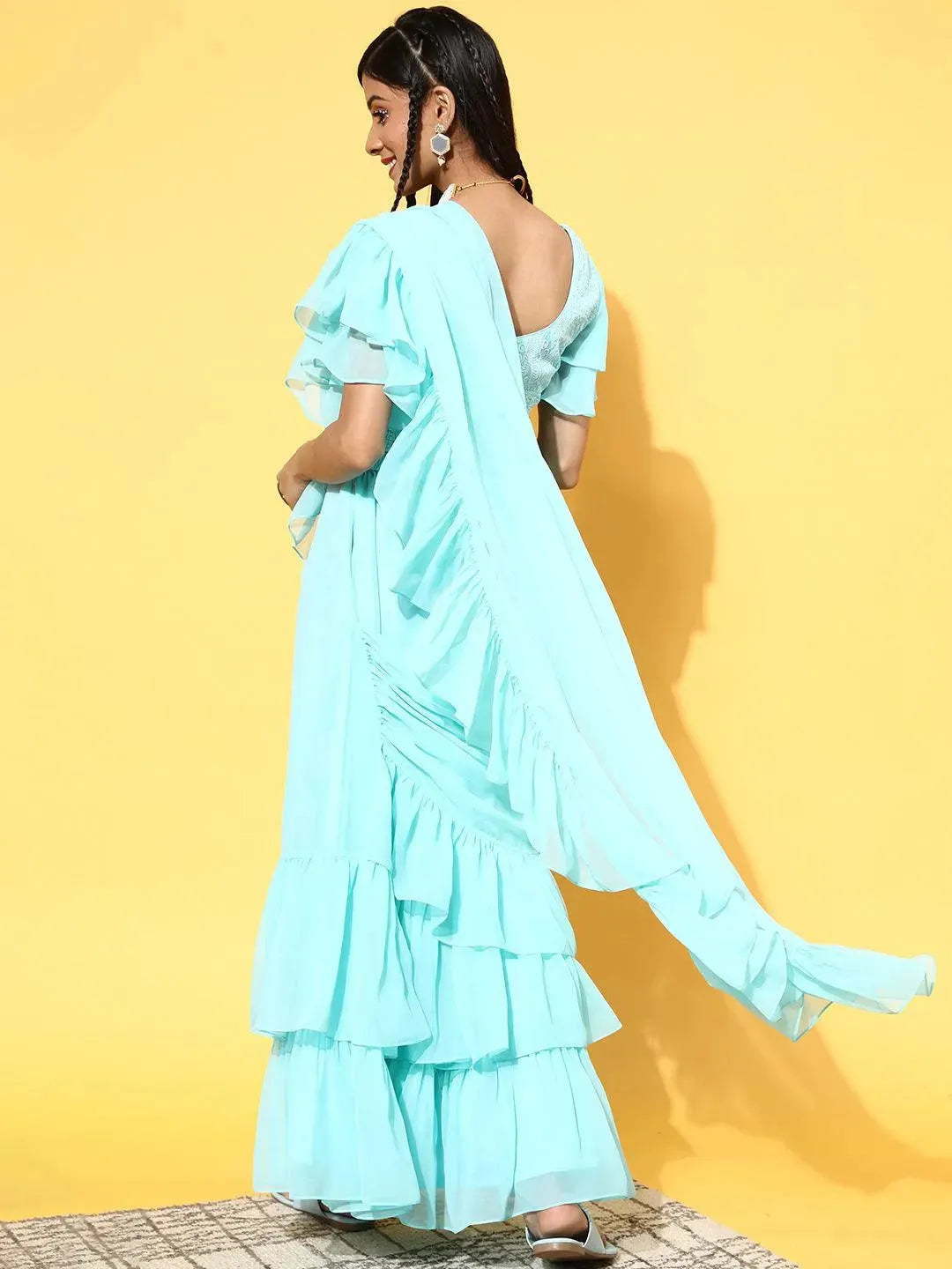 Turquoise Blue Embellished Georgette Ready to wear Saree With Potli - Libas 