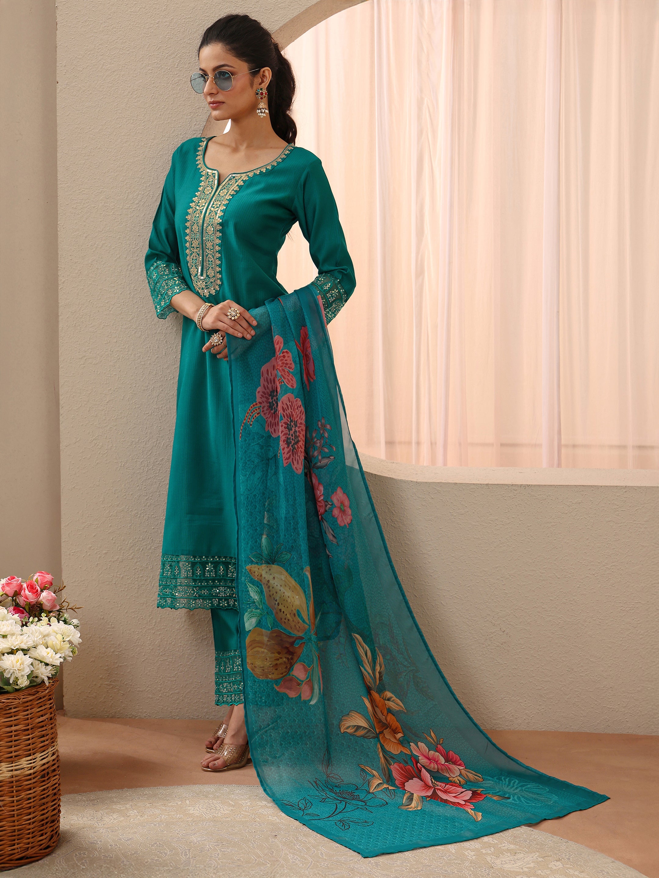 libas Turquoise Blue Embellished Silk Blend Straight Suit Set-picture-25