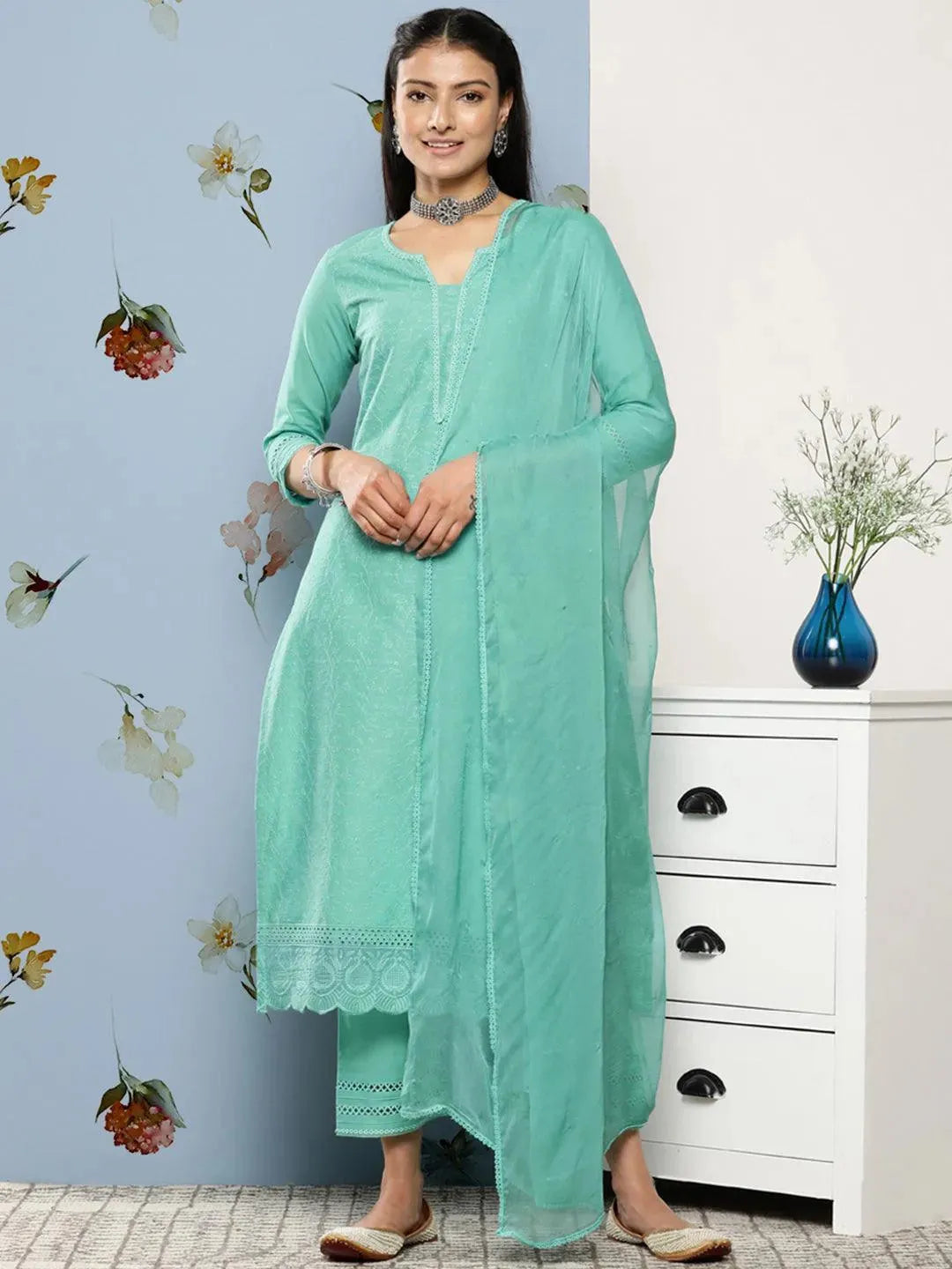 Turquoise Blue Embroidered Cotton Suit Set With Trousers - Libas