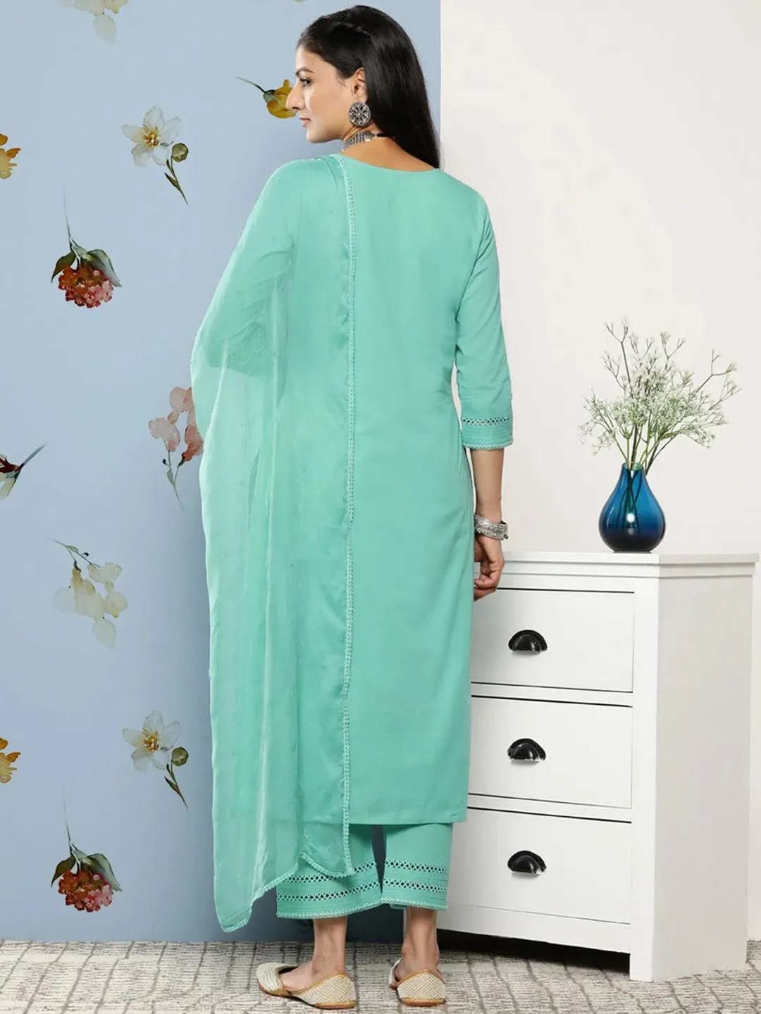 Turquoise Blue Embroidered Cotton Suit Set With Trousers - Libas 