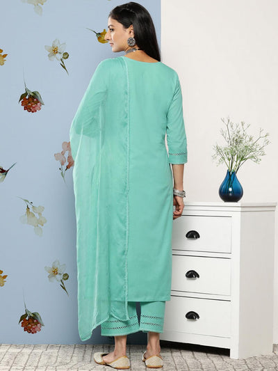 Turquoise Blue Embroidered Cotton Suit Set With Trousers - Libas