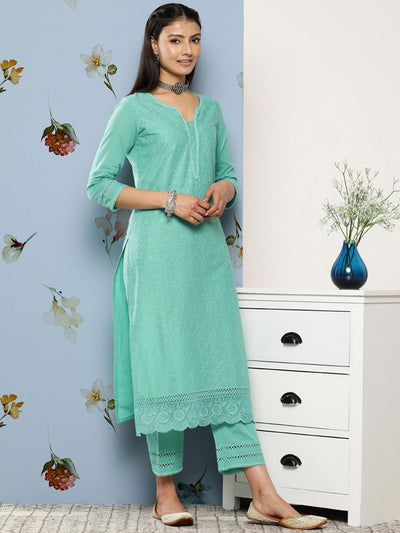 Turquoise Blue Embroidered Cotton Suit Set With Trousers - Libas