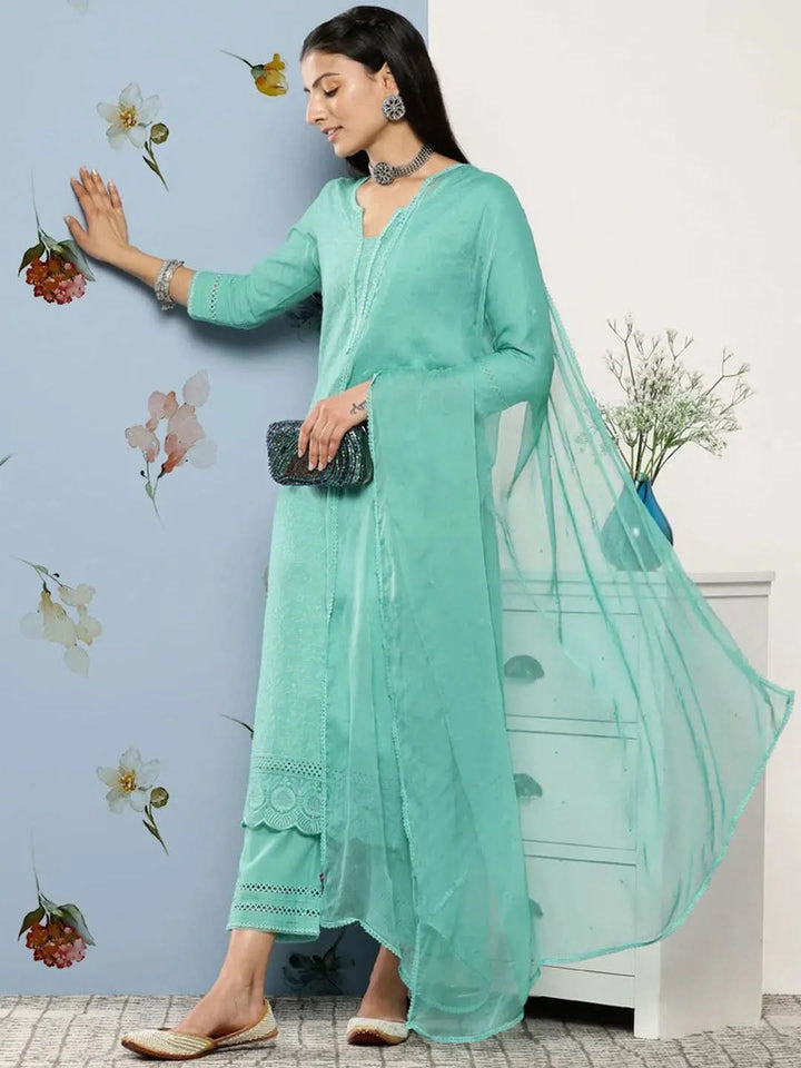 Turquoise Blue Embroidered Cotton Suit Set With Trousers - Libas