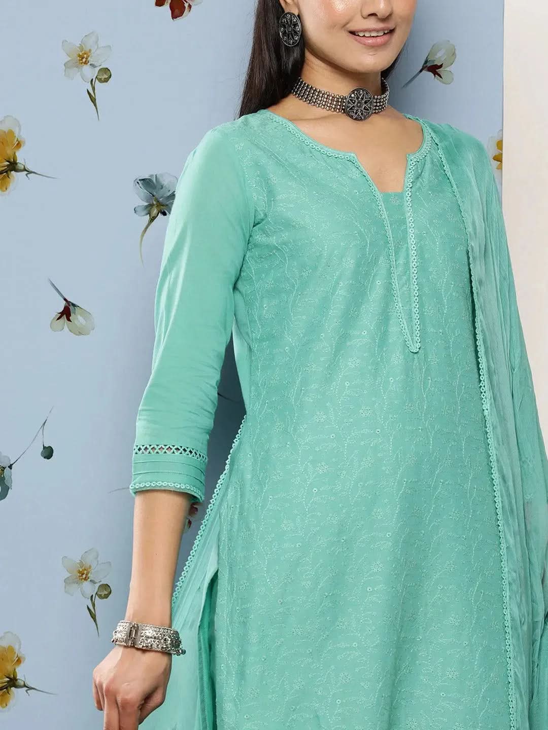 Turquoise Blue Embroidered Cotton Suit Set With Trousers - Libas 