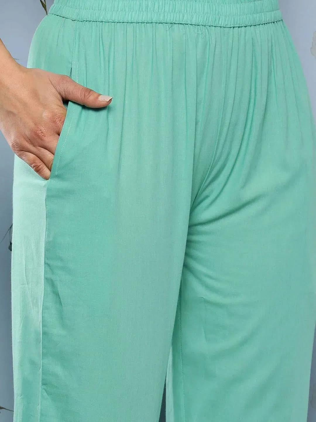 Turquoise Blue Embroidered Cotton Suit Set With Trousers - Libas 