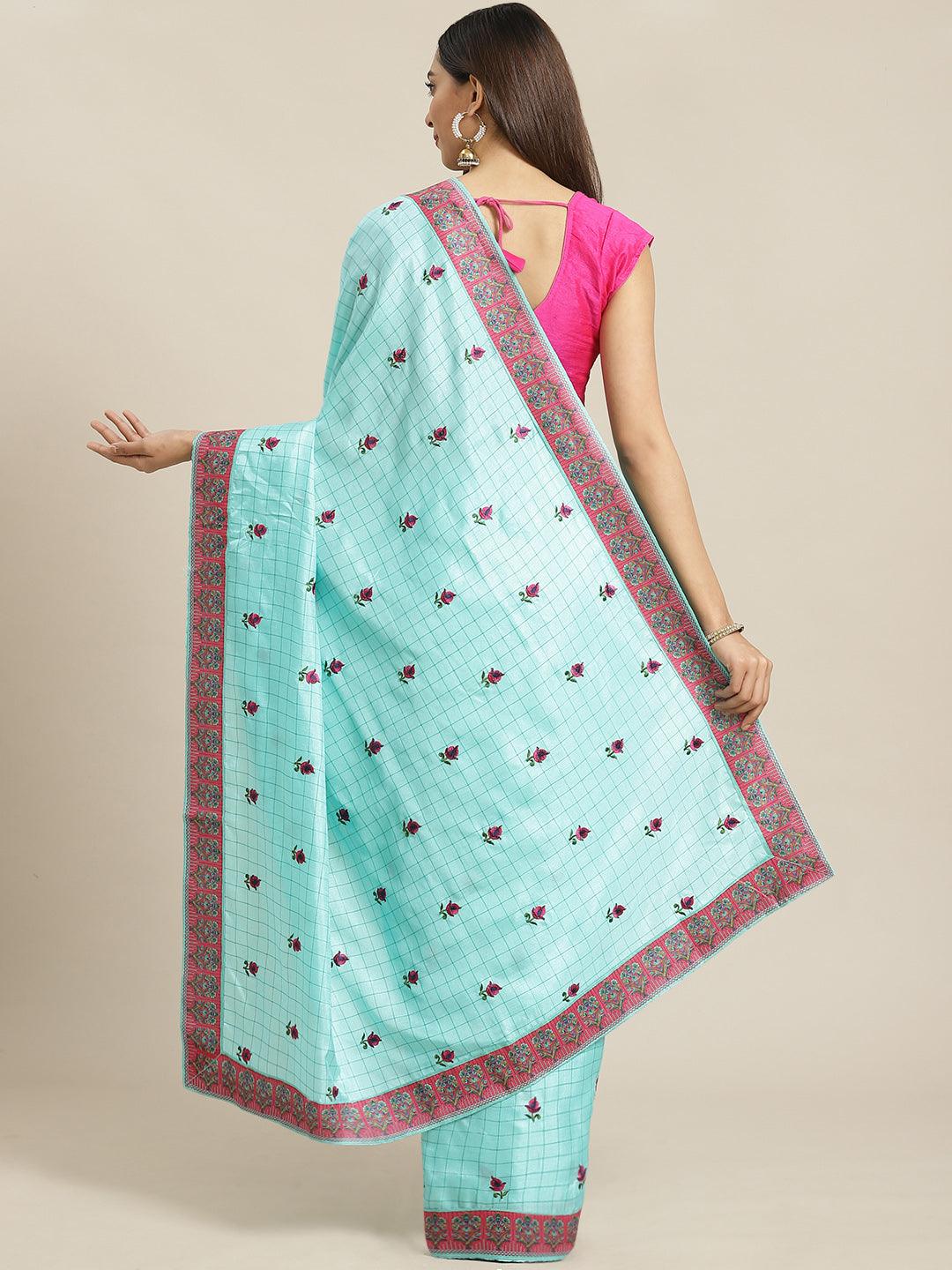 Turquoise Blue Embroidered Crepe Saree - Libas