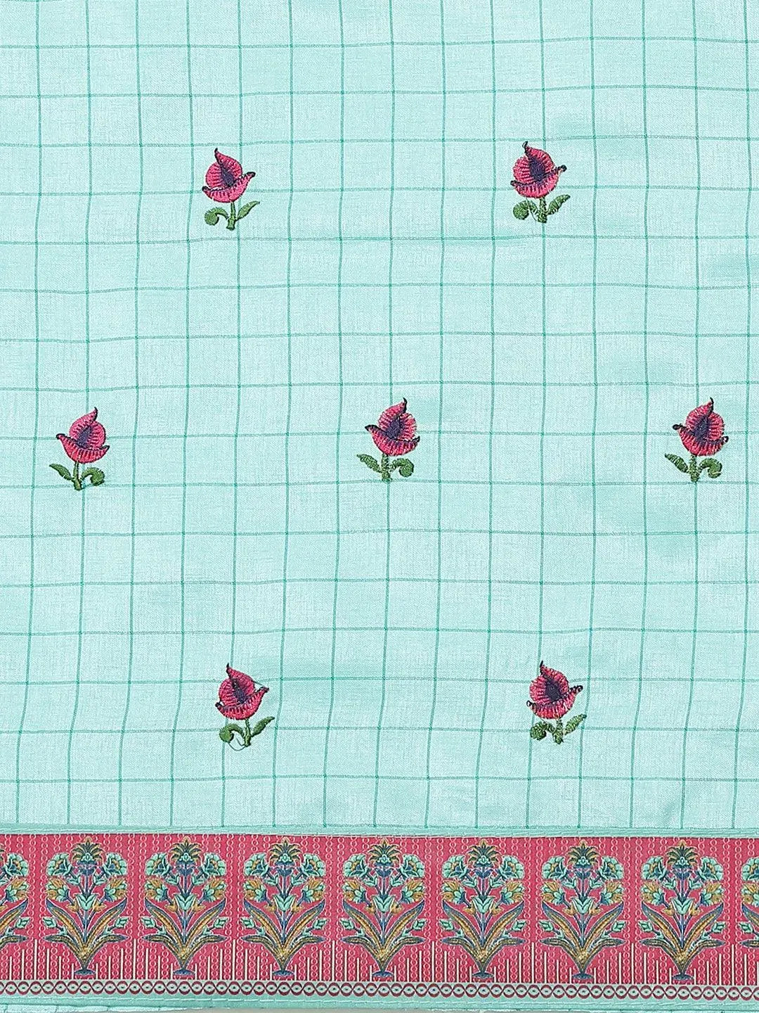 Turquoise Blue Embroidered Crepe Saree - Libas 