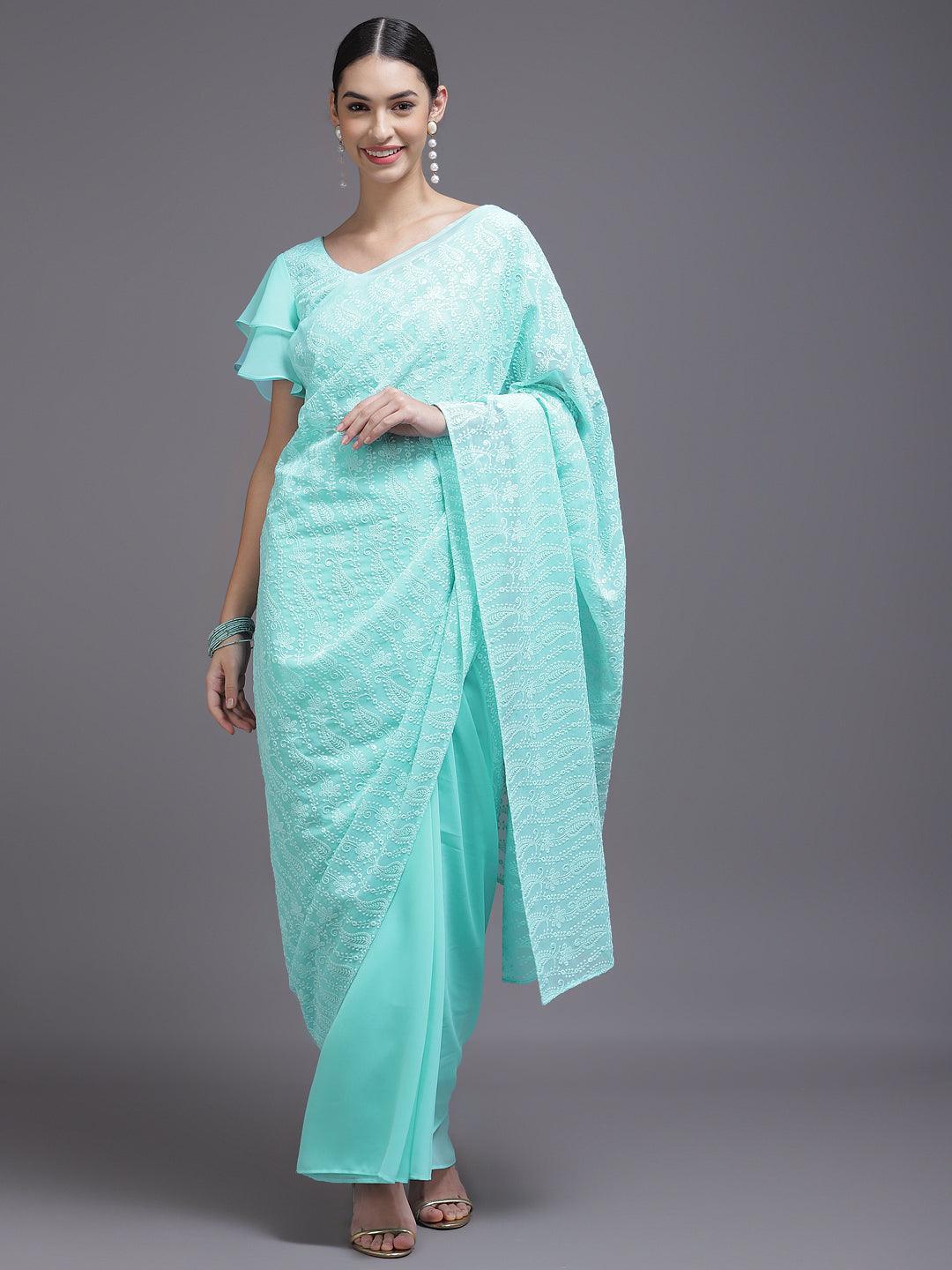 Turquoise Blue Embroidered Georgette Saree - Libas
