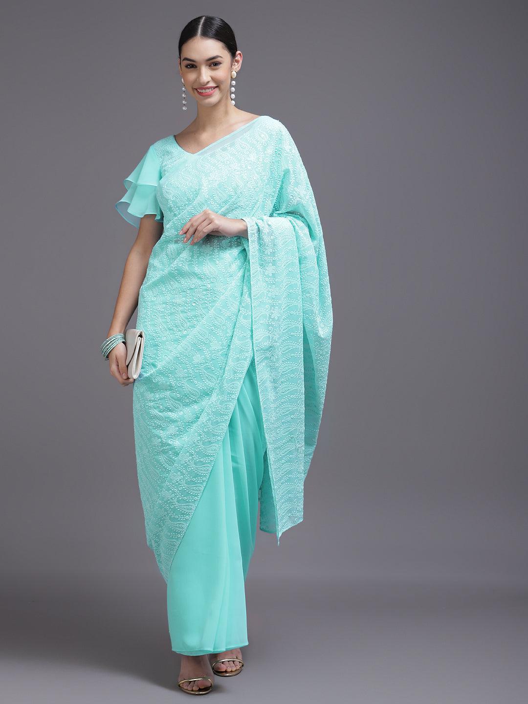 Turquoise Blue Embroidered Georgette Saree