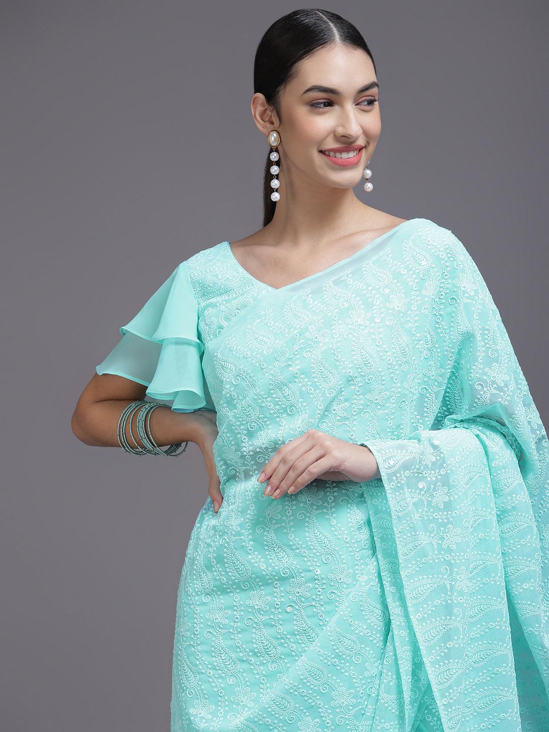 Turquoise Blue Embroidered Georgette Saree