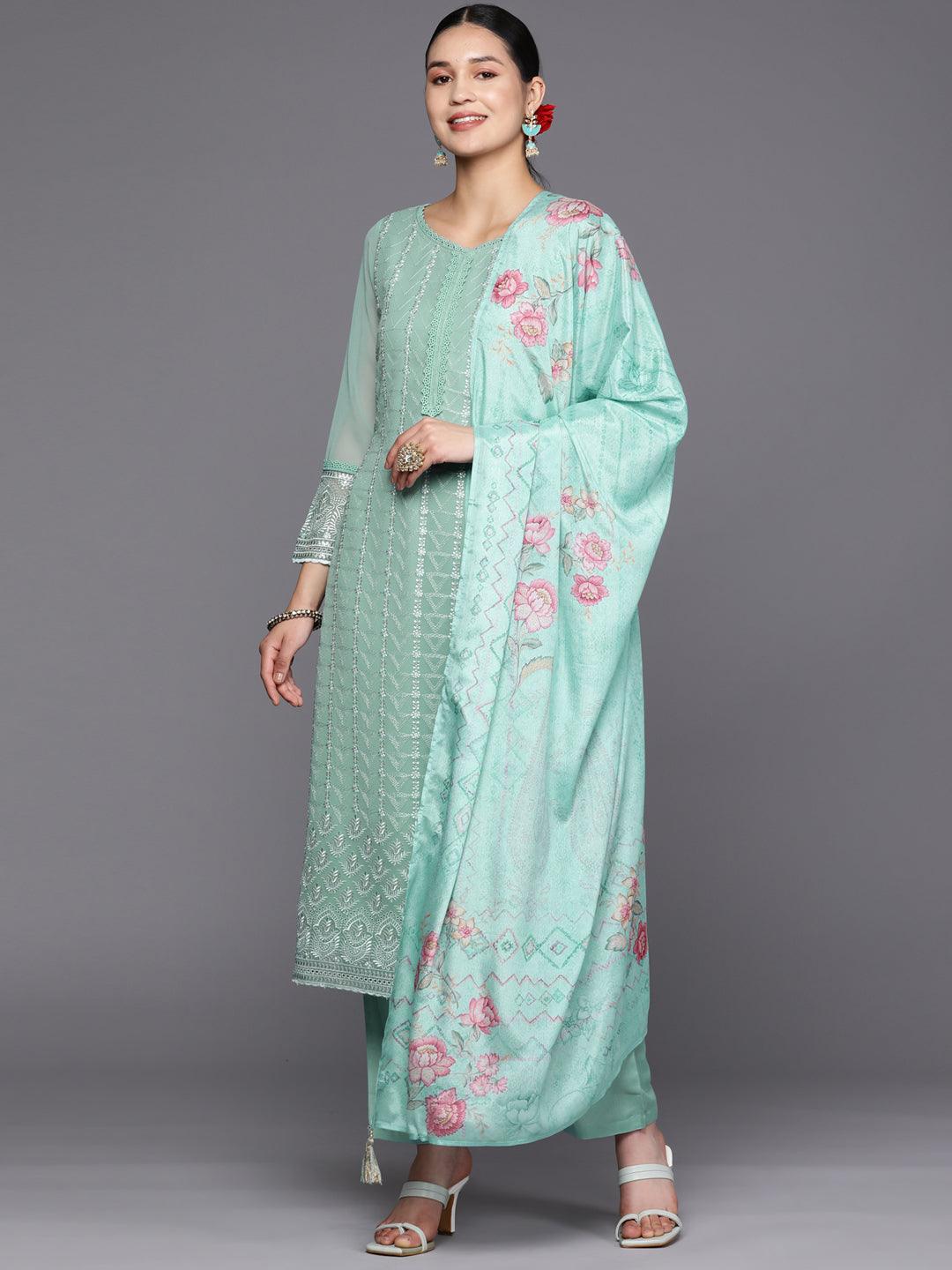 Turquoise Blue Embroidered Georgette Straight Kurta With Trousers & Dupatta