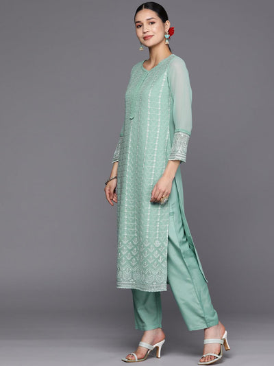 Turquoise Blue Embroidered Georgette Straight Suit Set With Trousers - Libas
