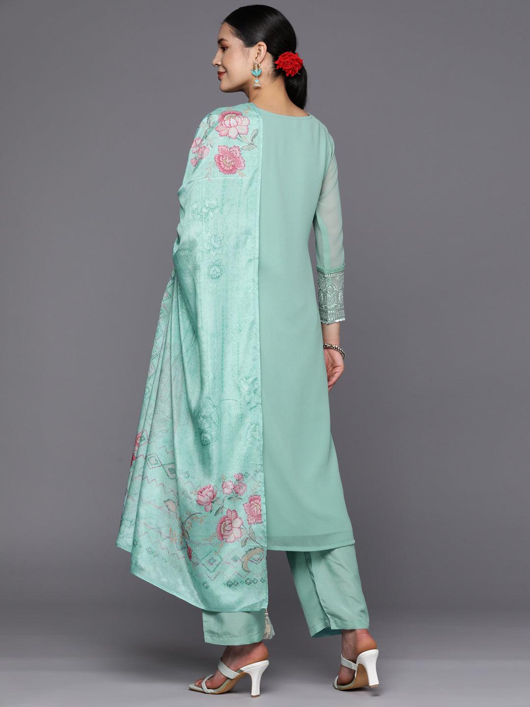 Turquoise Blue Embroidered Georgette Straight Suit Set With Trousers - Libas