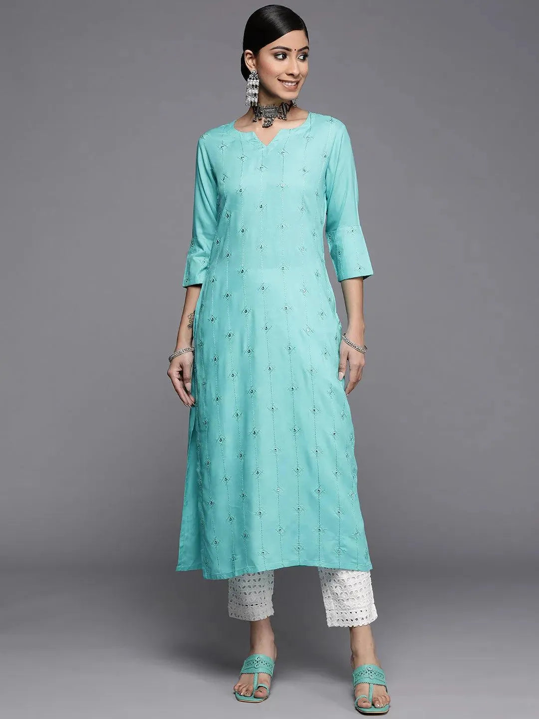 Turquoise Blue Embroidered Rayon Kurta - Libas