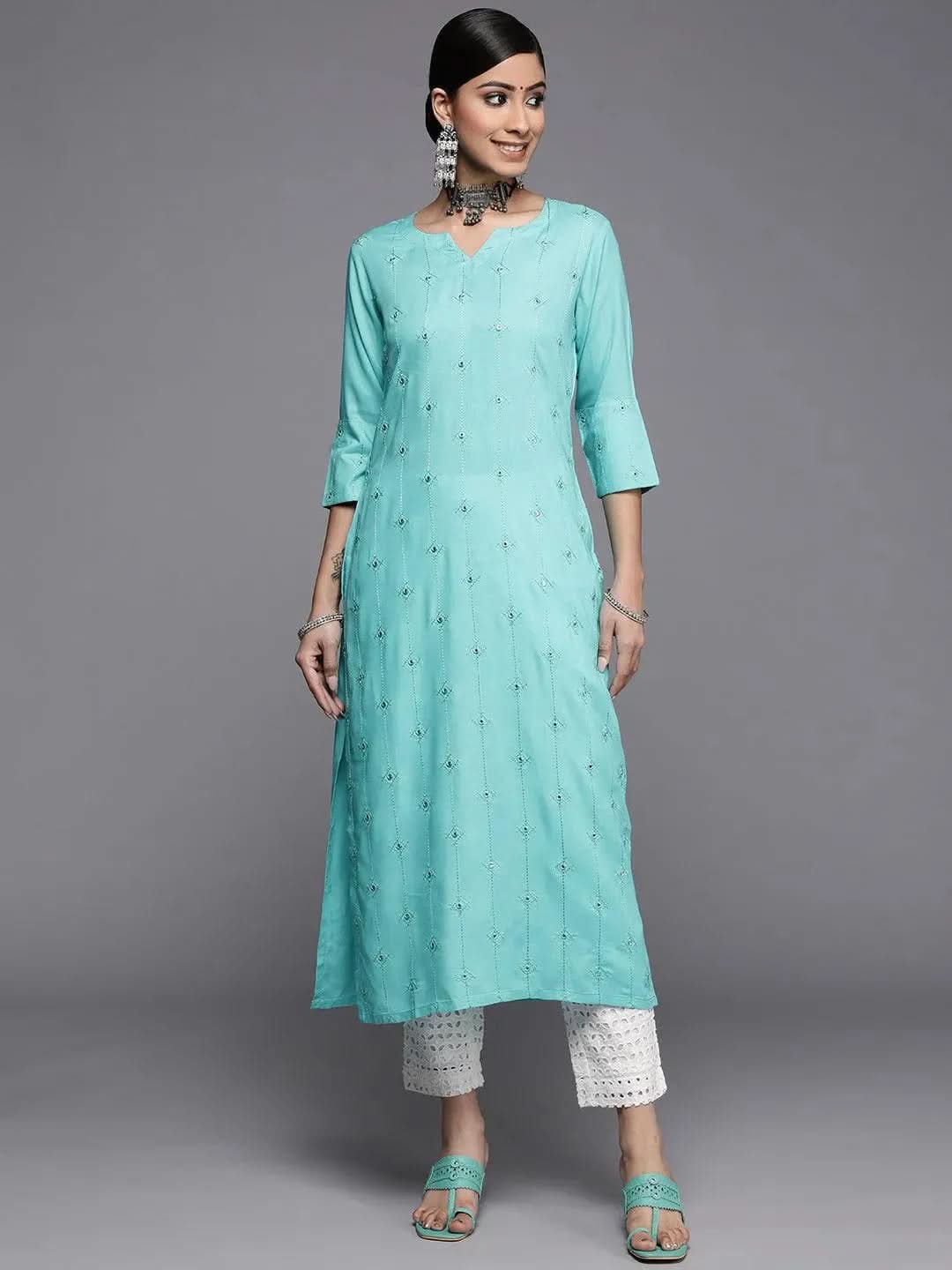 

Turquoise Blue Embroidered Rayon Kurta