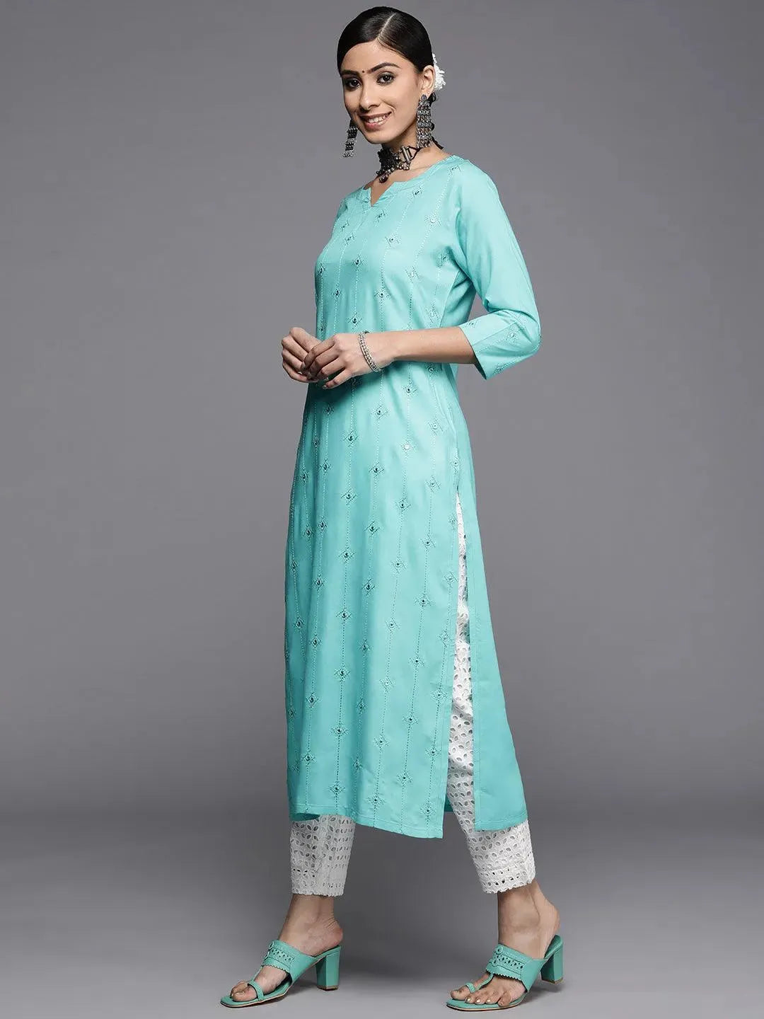 Turquoise Blue Embroidered Rayon Kurta - Libas